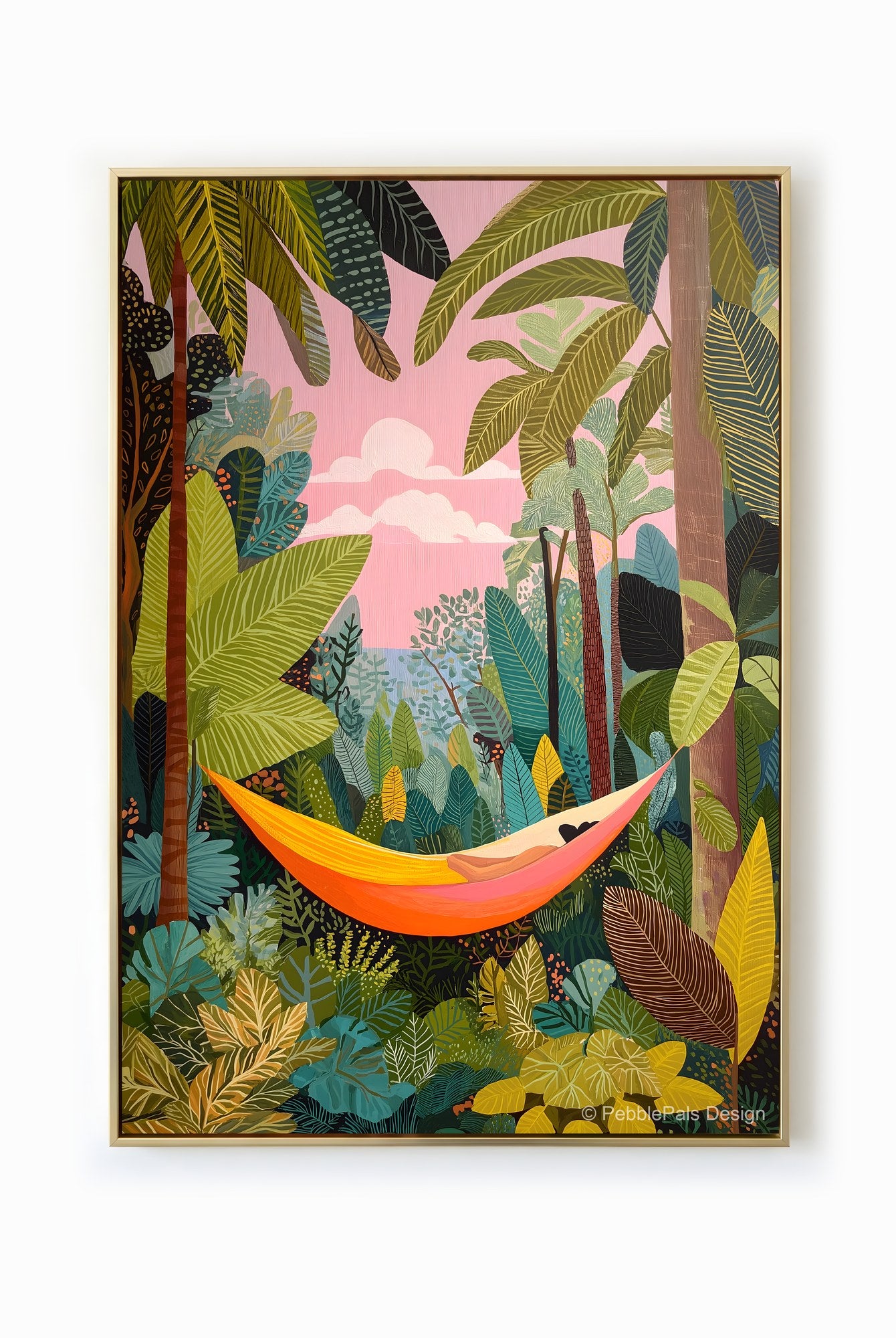 A naive painting of a person relaxing in a golden hammock nestled within a lush jungle, beneath a pink sky.