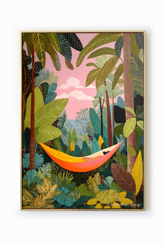 A naive painting of a person relaxing in a golden hammock nestled within a lush jungle, beneath a pink sky.