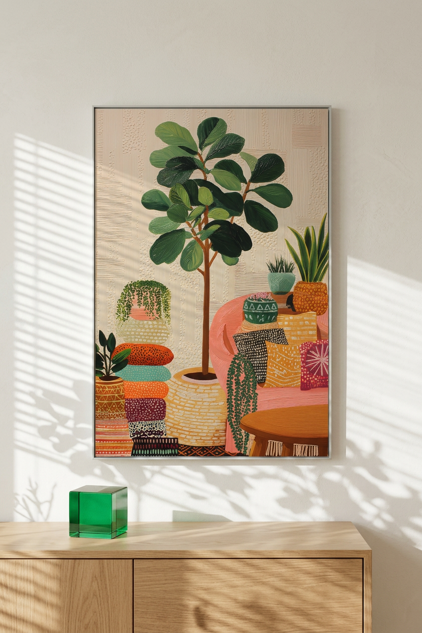 Whimsical, Ethereal Fiddle-Leaf Fig Art | Earthy Greens & Peach Tones | Ethereal indoor garden escape | Gift for Plant Lovers | Digital Download