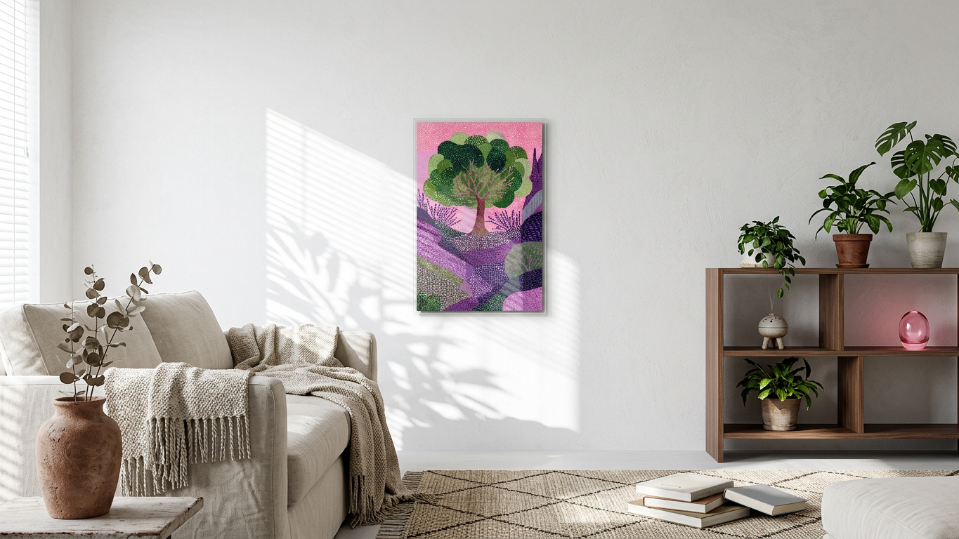 Ethereal & Joyful Whimsical Landscape Art | Emerald & Lavender Tones | Enchanted, calming nature escape | Gift for Cat Lovers | Digital Download