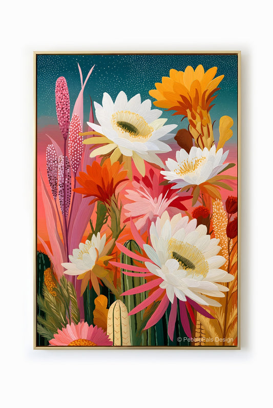 A whimsical folk art depiction of desert flowers blooming under a starlit sky, showcasing a vibrant color palette of pink, orange, white, and green.