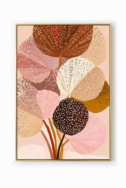 Botanical illustration of polka dot begonias in copper, rose, and caramel tones.