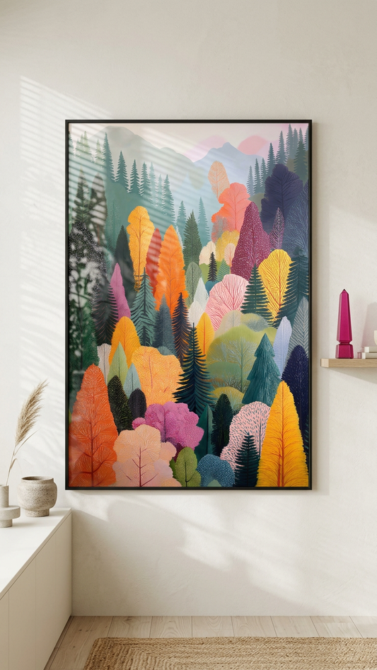 Emerald & Sunset Orange Colorful Forest Canopy Painting | Naive Style | Living Room Decor | Digital Download