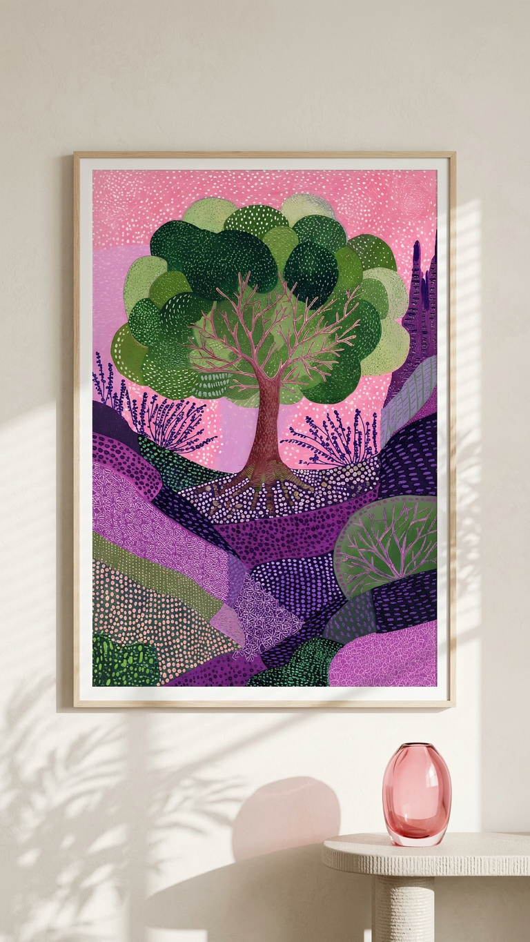 Ethereal & Joyful Whimsical Landscape Art | Emerald & Lavender Tones | Enchanted, calming nature escape | Gift for Cat Lovers | Digital Download