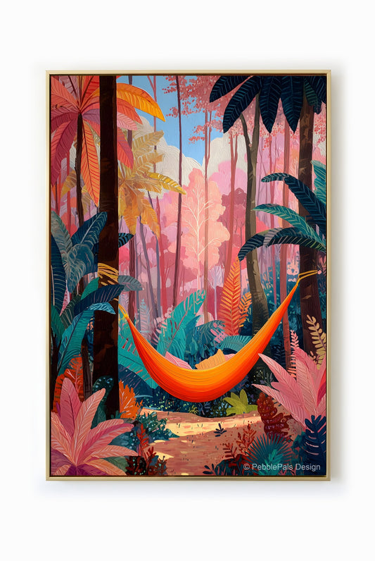 Naive painting of a hammock strung between trees in a lush jungle with pink and teal foliage, bathed in dappled sunlight.