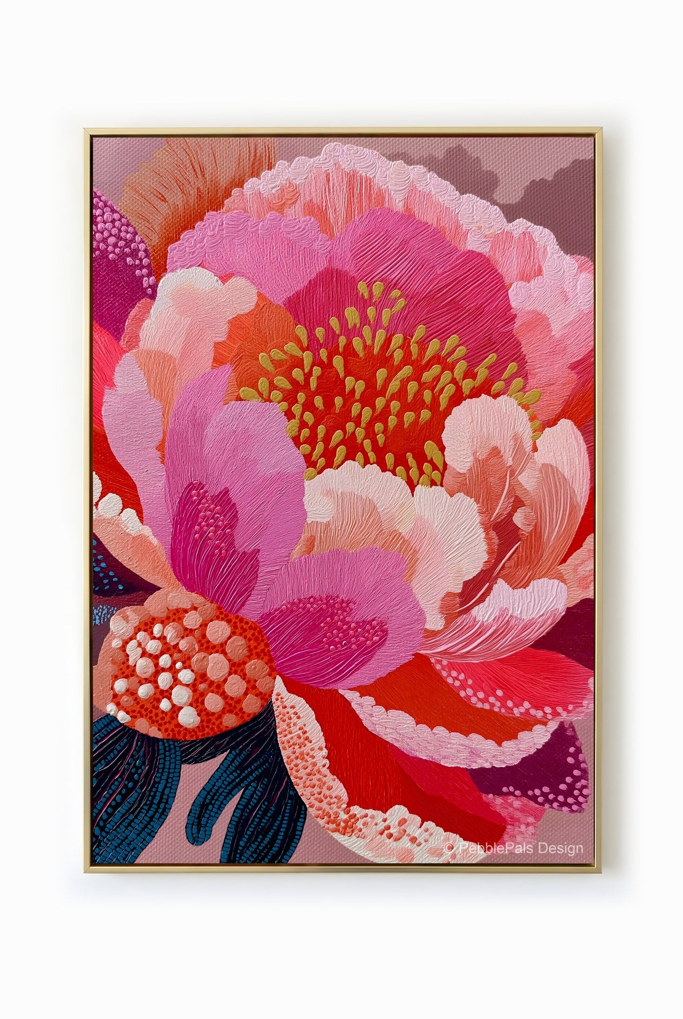 A close-up impressionist painting of a peony flower in shades of pink, coral, and gold.