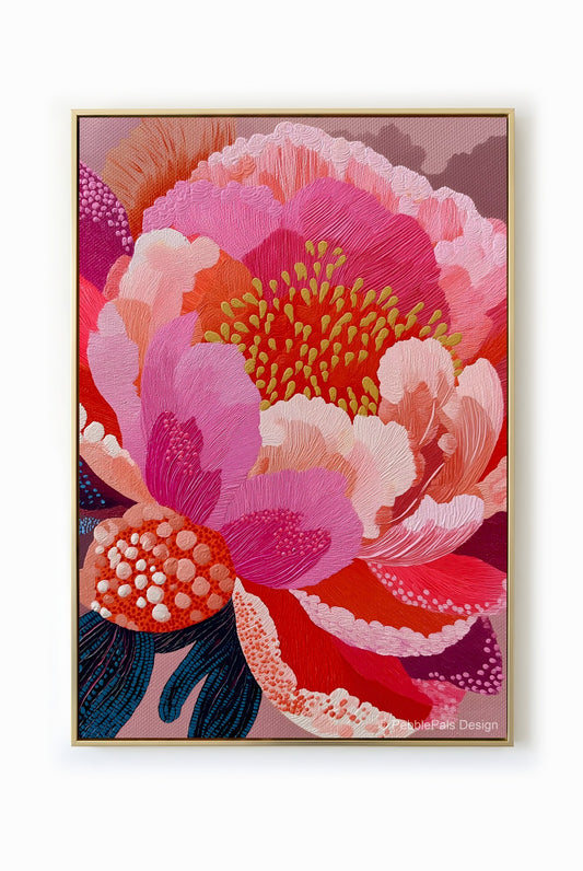 A close-up impressionist painting of a peony flower in shades of pink, coral, and gold.