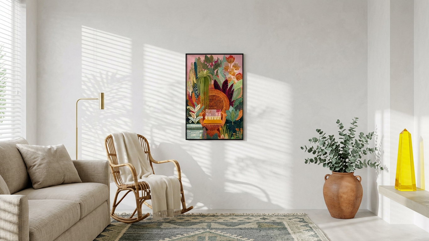 Ethereal & Lush Wicker Chair Surrounded by Foliage Art | Earthy Greens & Rose Tones | Ethereal jungle tranquility | Gift for Nature Lovers | Digital Download