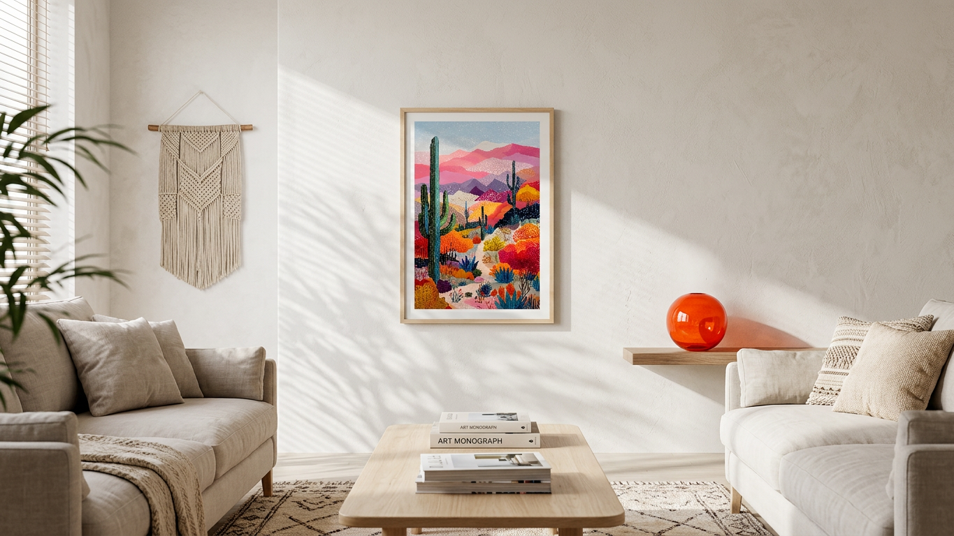 Rose & Teal Desert Landscape Painting | Naive Style | Living Room Decor | Digital Download