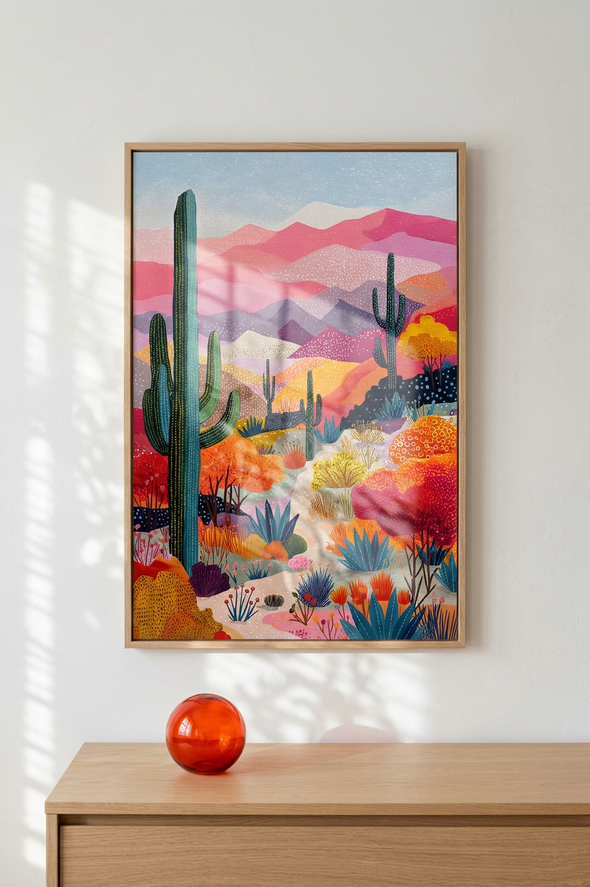 Rose & Teal Desert Landscape Painting | Naive Style | Living Room Decor | Digital Download