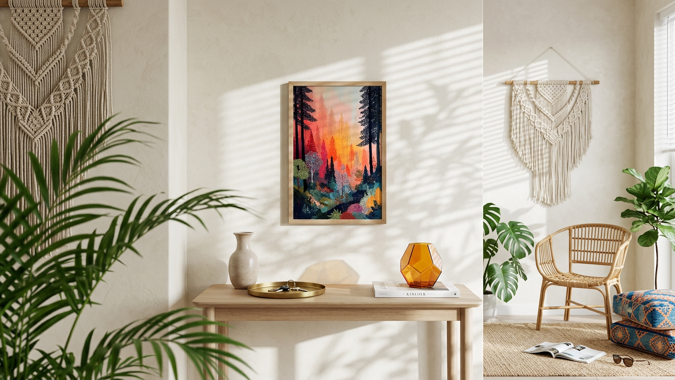 Fiery Orange & Teal Forest Vista Painting | Expressionism Style | Living Room Decor | Digital Download