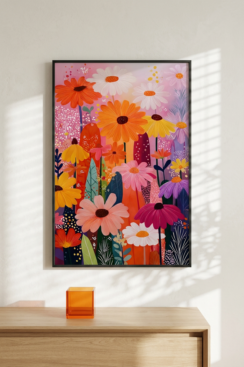 Tangerine & Rose Blooming Daisies Painting | Contemporary Floral Style | Sunlit Living Room Decor | Digital Download
