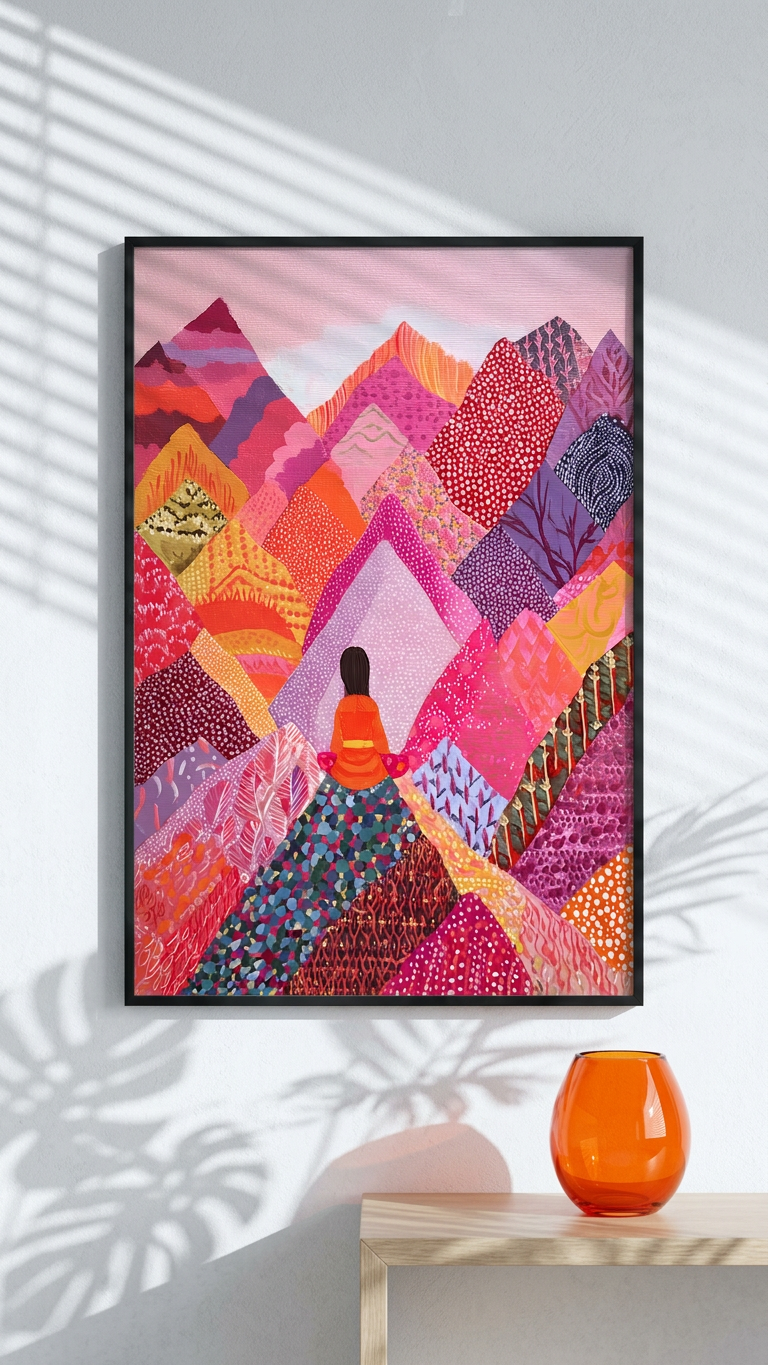 Magenta & Apricot Meditating Figure Painting | Folk Style | Meditation Space Decor | Digital Download