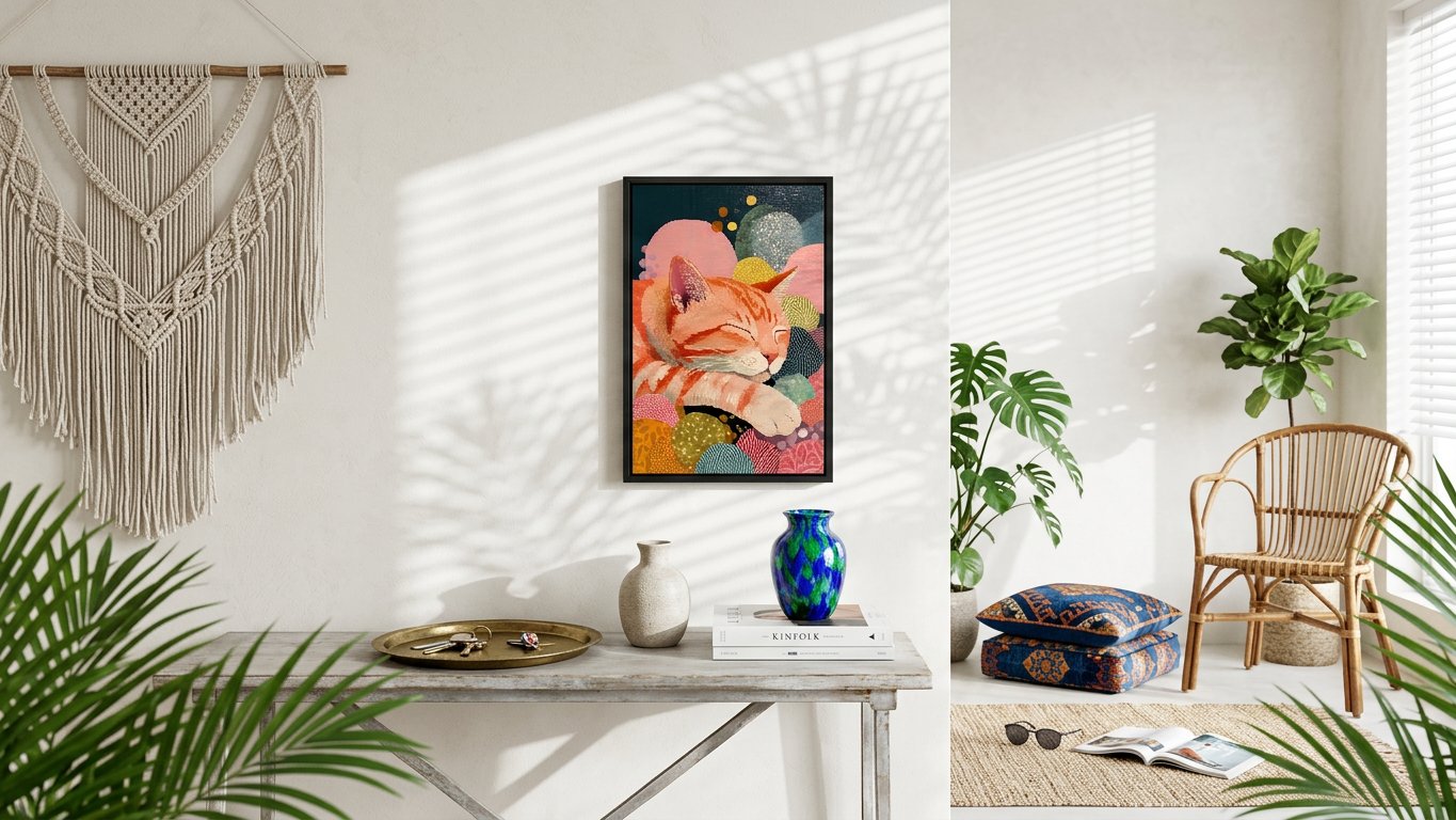 Whimsical & Serene Sleeping Ginger Cat Art | Coral & Teal Tones | Ethereal feline tranquility | Gift for Cat Lovers | Digital Download