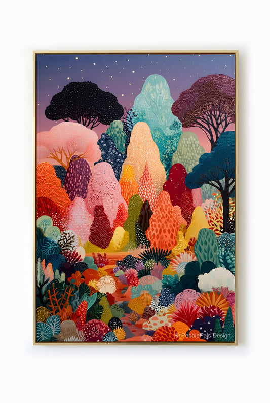 A vibrant and whimsical folk art painting of an enchanted forest canopy under a starlit sky, with colorful trees and a sense of ethereal beauty.