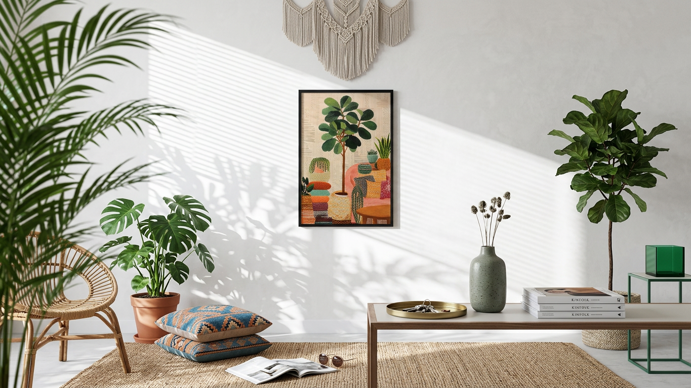 Whimsical, Ethereal Fiddle-Leaf Fig Art | Earthy Greens & Peach Tones | Ethereal indoor garden escape | Gift for Plant Lovers | Digital Download