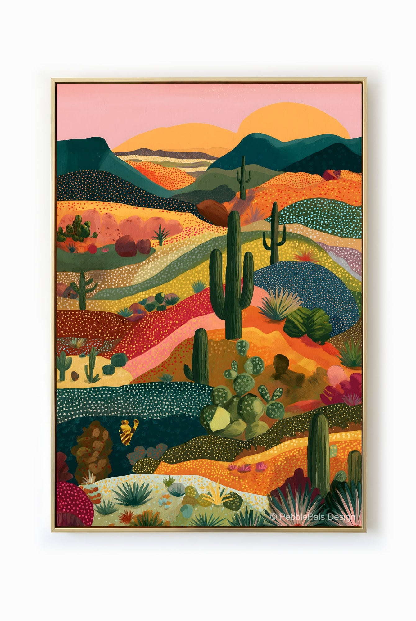 Naive art painting of a desert landscape with cacti and a sunset, rendered in warm and vibrant colors.
