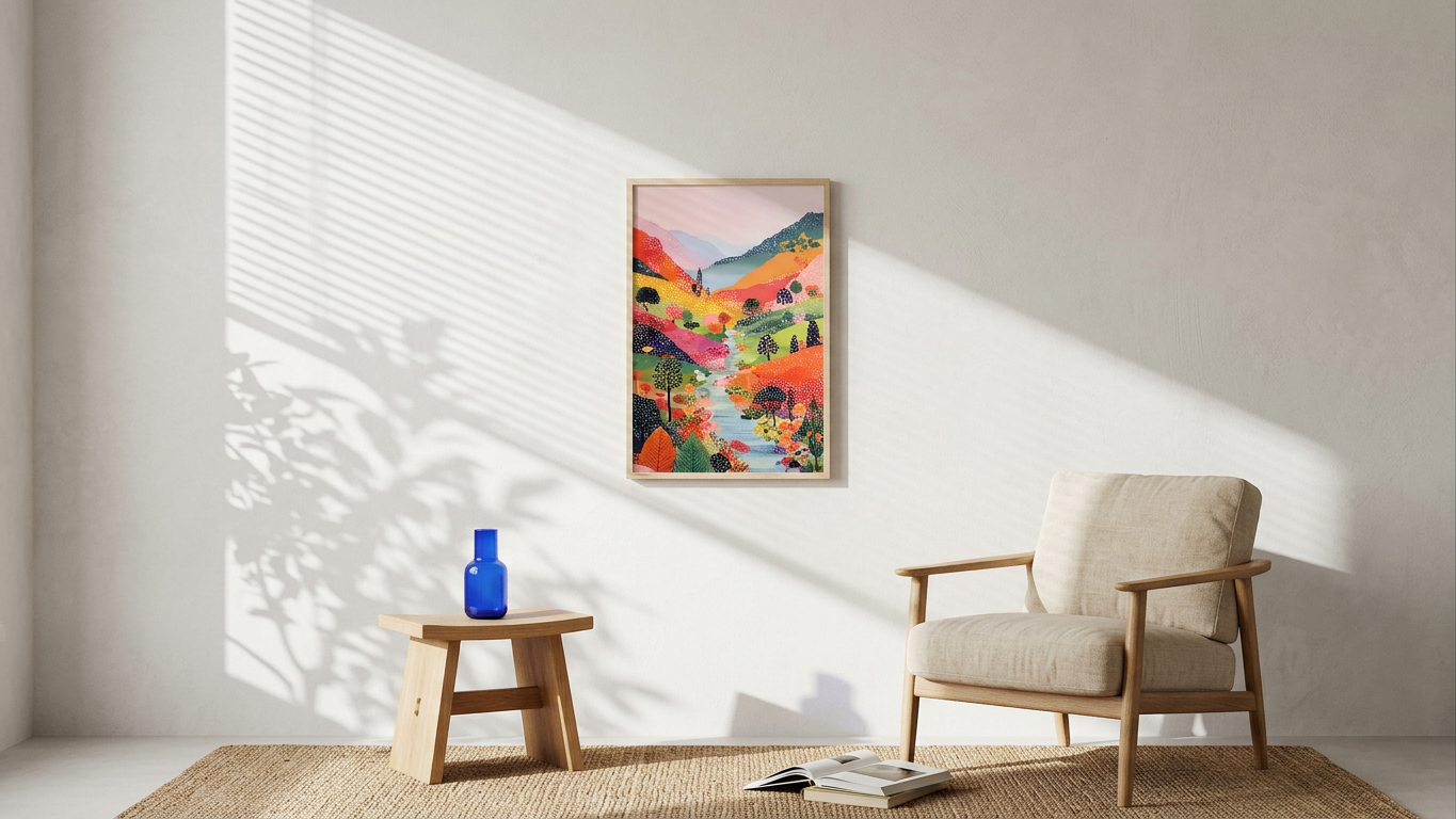 Tangerine Dream & Azure Vibrant Landscape Painting | Naive Style | Sunlit Living Room Decor | Digital Download