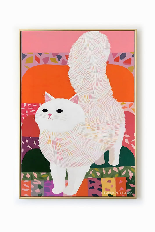 A contemporary painting of a fluffy white cat with pastel pink and orange accents, creating an ethereal and gentle atmosphere.
