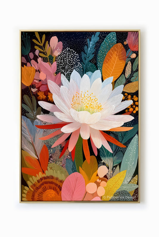 Ethereal botanical illustration of a white lotus flower blooming under a starlit sky, creating a serene and calming atmosphere.