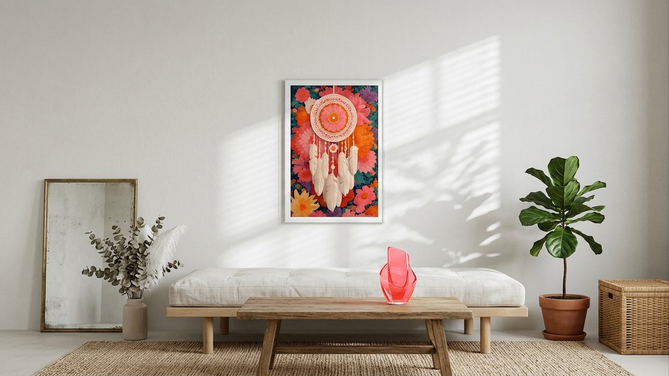 Ethereal & Calming Floral Dreamcatcher Art | Peach & Coral Tones | Dreamy bohemian wall decor | Digital Download
