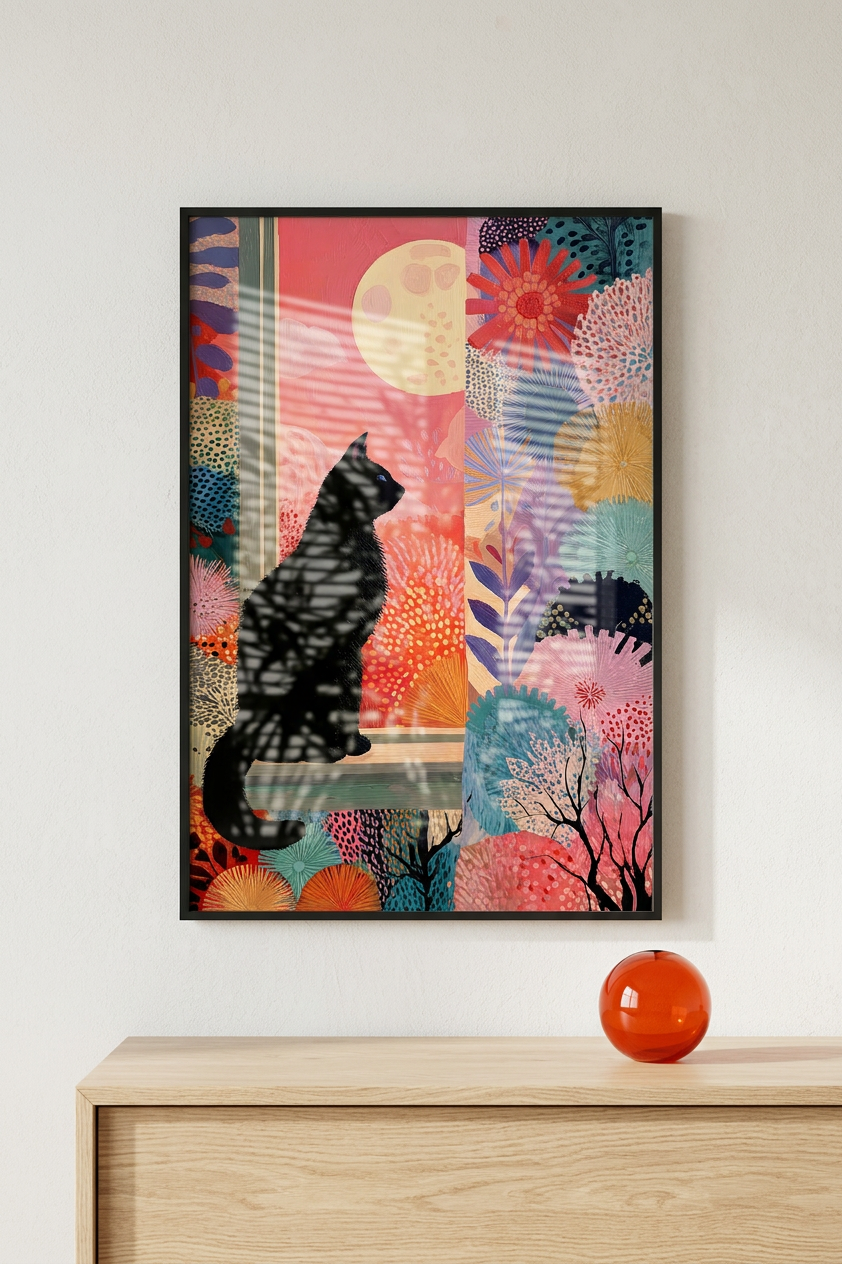 Whimsical & Ethereal Black Cat Art | Coral & Midnight Blue Tones | Ethereal cat art | Gift for Cat Lovers | Digital Download