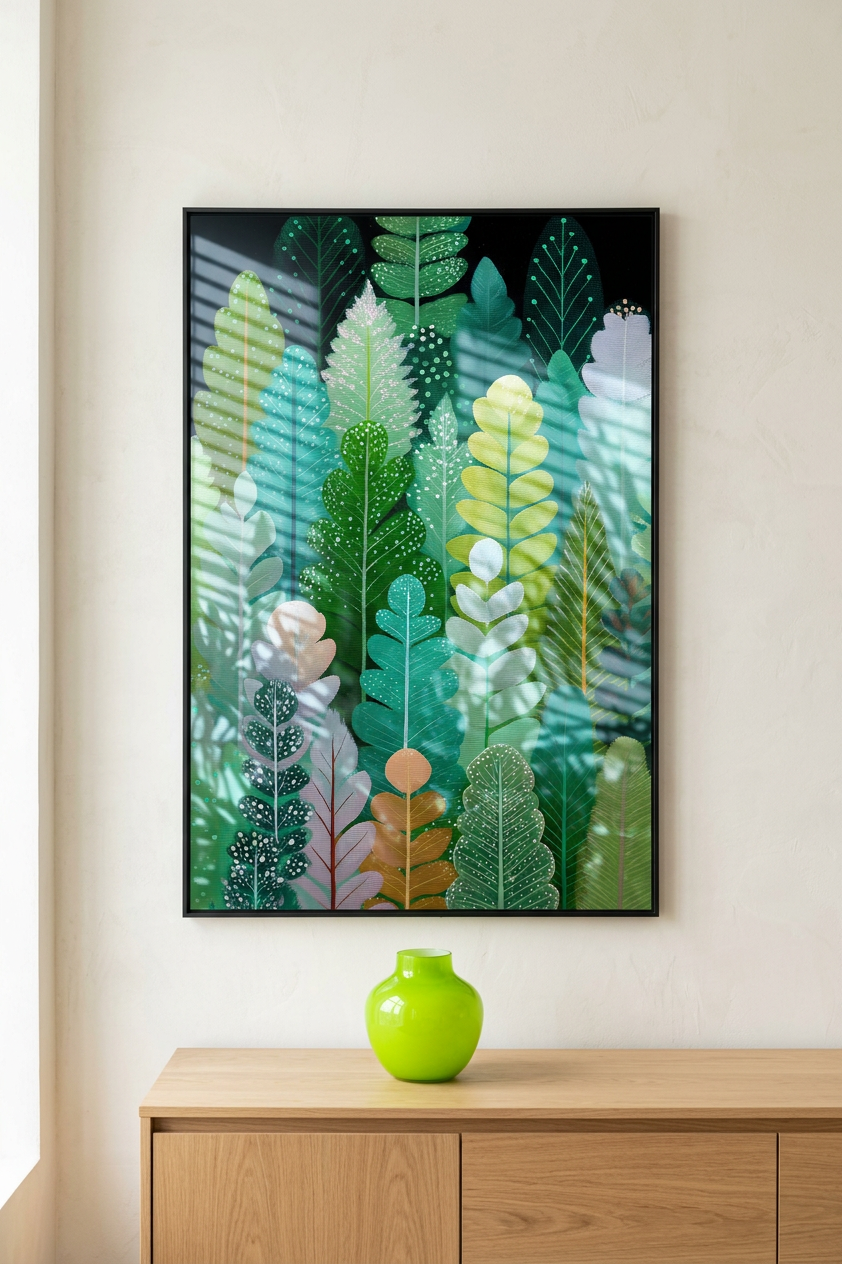 Emerald & Chartreuse Verdant Leaves Painting | Contemporary Style | Sunlit Conservatory Decor | Digital Download
