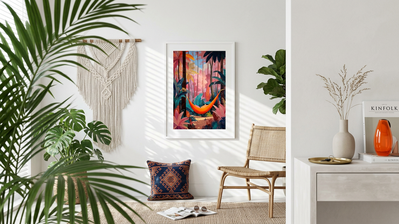 Orange Hammock in Teal & Blush Forest Painting | Impressionist Style | Meditation Room Decor | Digital Download
