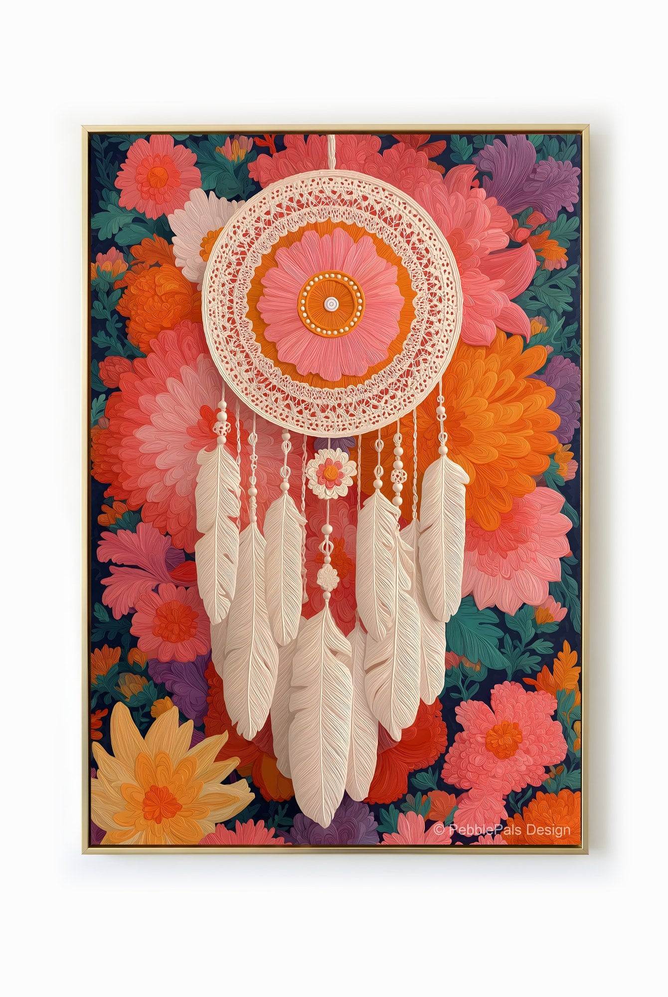 A floral dreamcatcher with pastel pink and orange blossoms, hanging against a dark blue background.