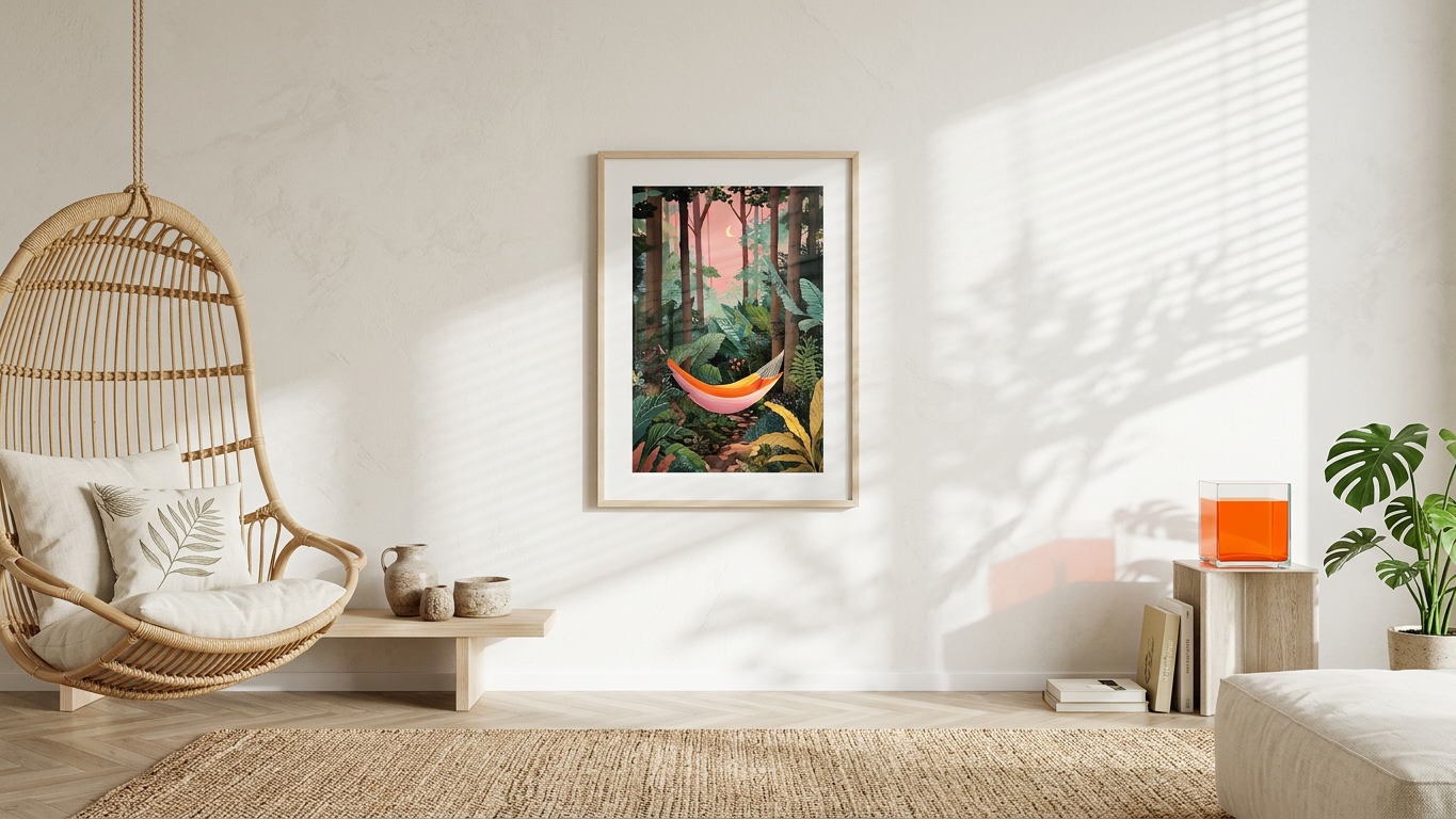 Coral Hammock in Emerald Jungle Painting | Naive Style | Meditation Space Decor | Digital Download,