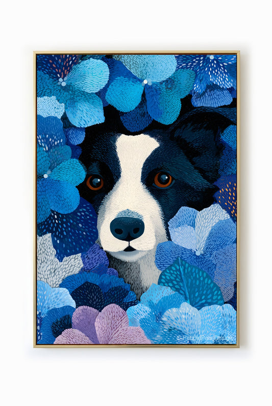 An illustrative portrait of a Border Collie dog surrounded by blue and lavender hydrangeas, creating a serene and ethereal atmosphere.