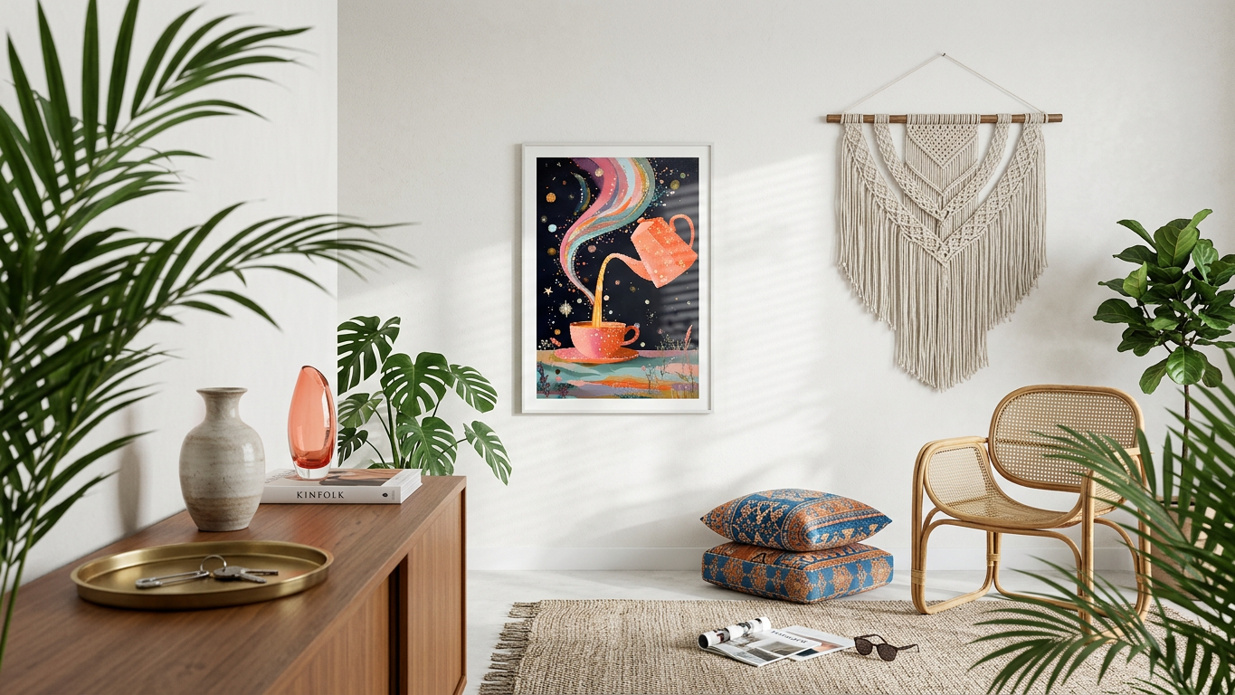 Coral & Amber Cosmic Tea Party Painting | Contemporary Style | Relaxation Space Decor | Digital Download
