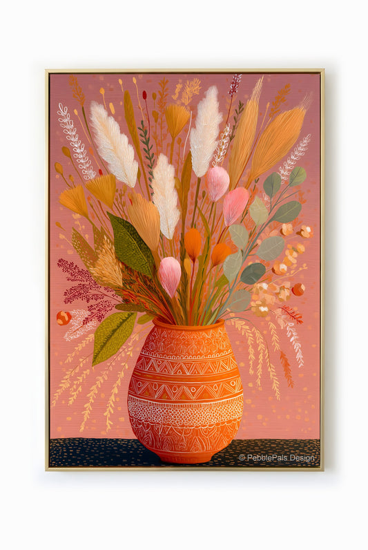 A Bohemian floral arrangement in warm autumn colors, displayed in an intricately patterned vase.
