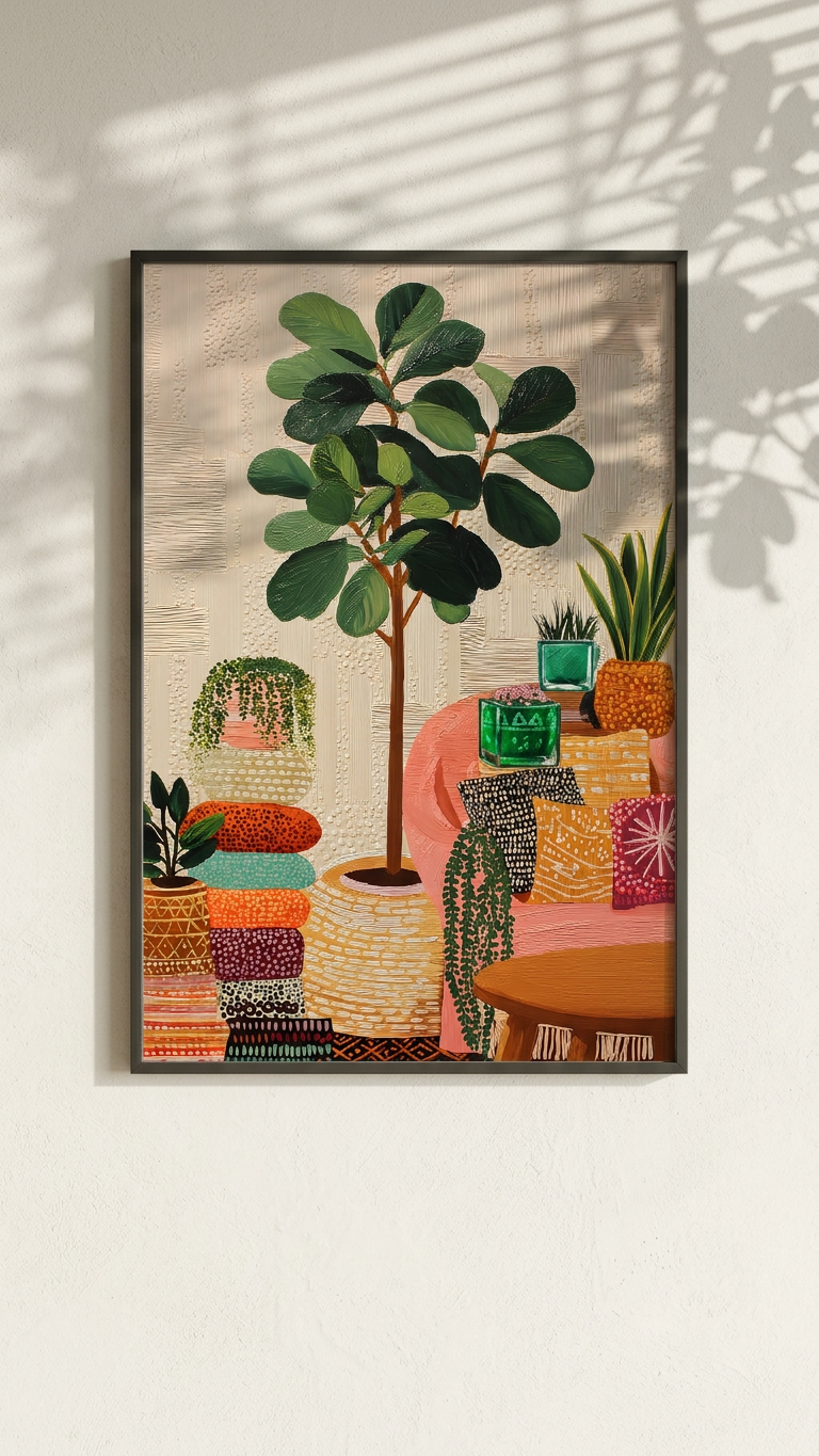 Whimsical, Ethereal Fiddle-Leaf Fig Art | Earthy Greens & Peach Tones | Ethereal indoor garden escape | Gift for Plant Lovers | Digital Download