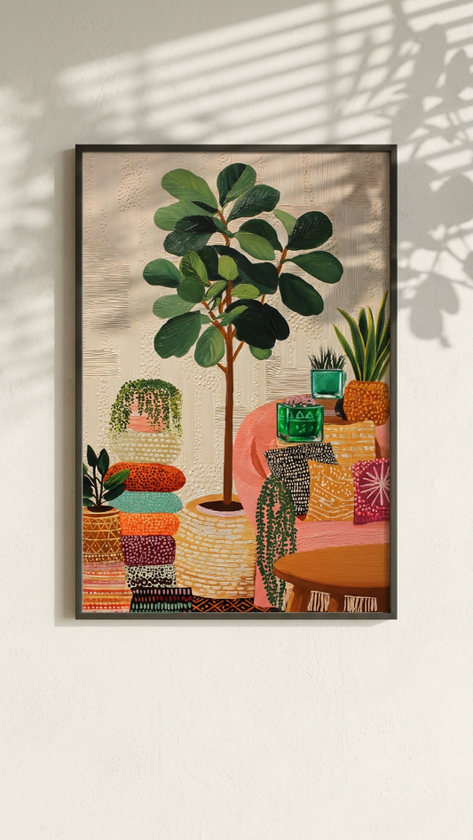 Whimsical, Ethereal Fiddle-Leaf Fig Art | Earthy Greens & Peach Tones | Ethereal indoor garden escape | Gift for Plant Lovers | Digital Download