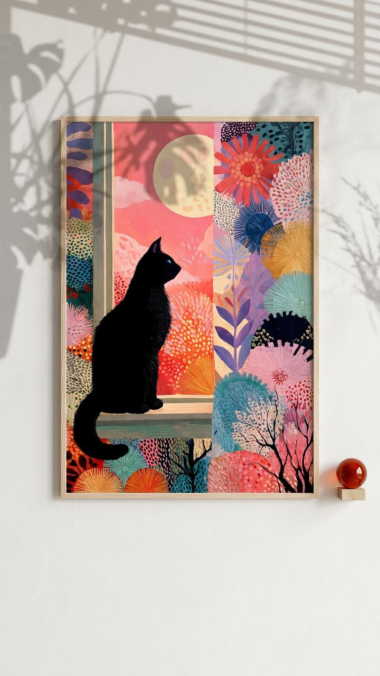 Whimsical & Ethereal Black Cat Art | Coral & Midnight Blue Tones | Ethereal cat art | Gift for Cat Lovers | Digital Download