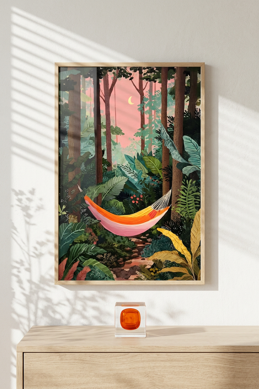 Coral Hammock in Emerald Jungle Painting | Naive Style | Meditation Space Decor | Digital Download,