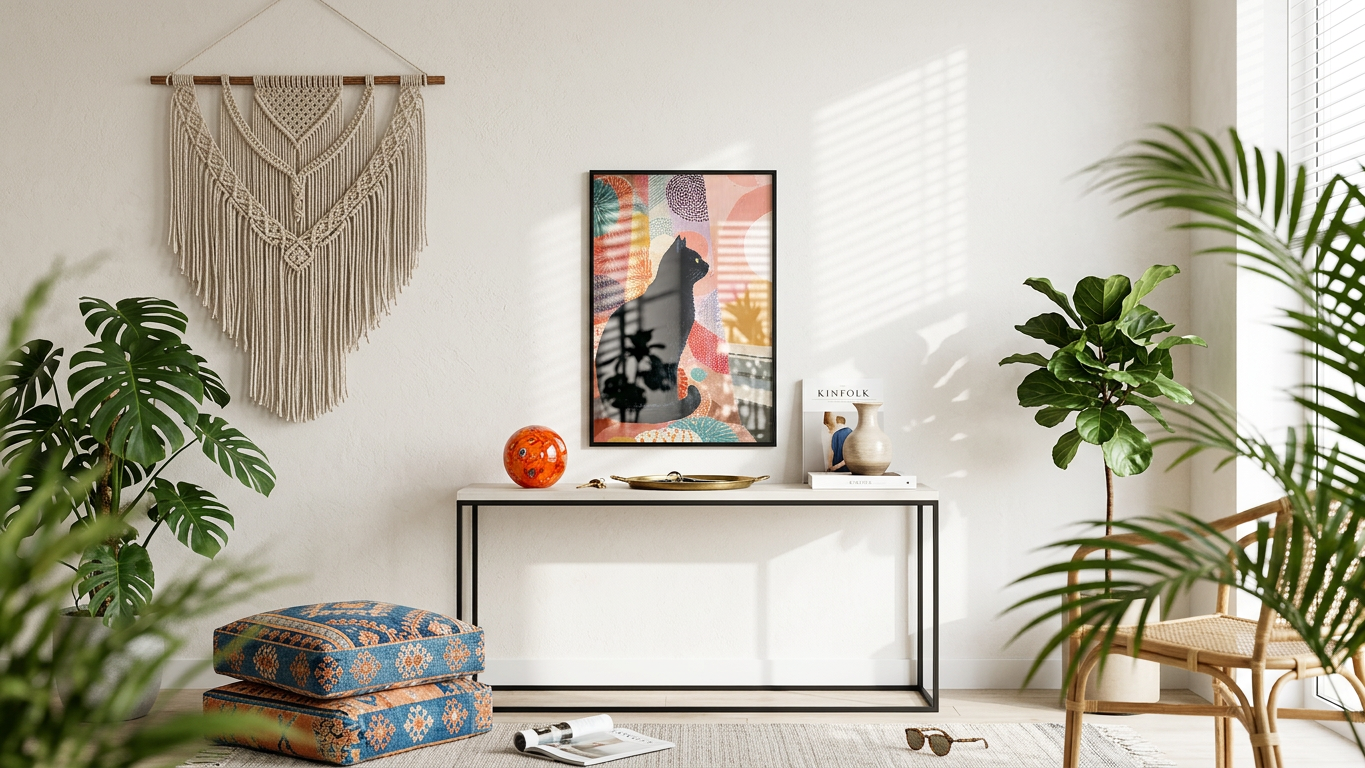 Whimsical & Serene Black Cat Art | Coral & Charcoal Tones | Serenity meets playful design | Gift for Cat Lovers | Digital Download