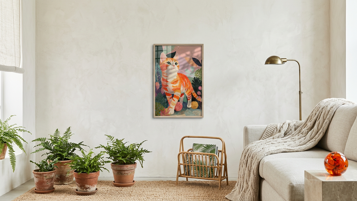 Tangerine & Emerald Ginger Tabby Cat Painting | Naive Style | Whimsical Home Decor | Digital Download