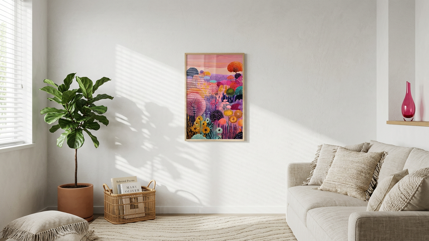 Vibrant Whimsical Floral Meadow Painting | Naive Style | Cozy Living Room Decor | Digital Download