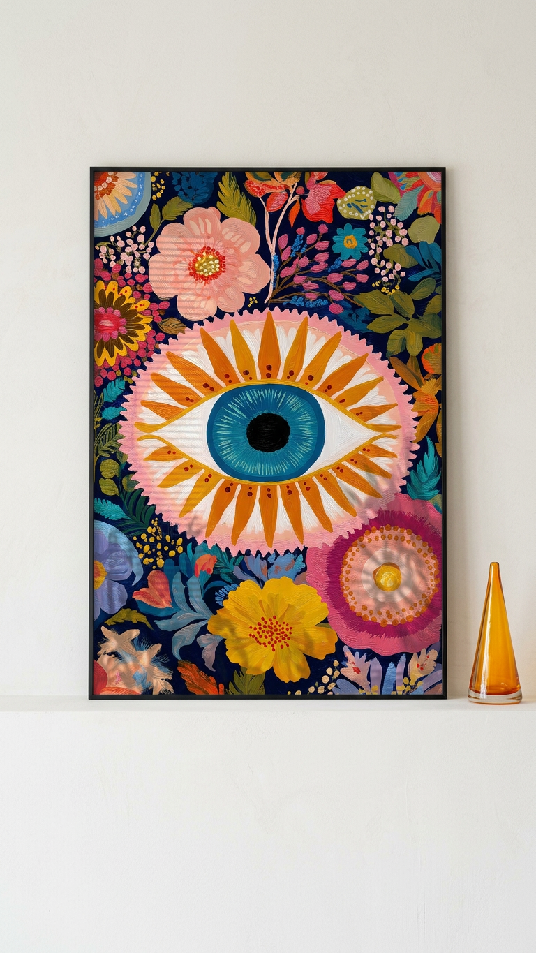 Electric Blue & Marigold Floral Eye Painting | Folk Style | Meditation Space Decor | Digital Download