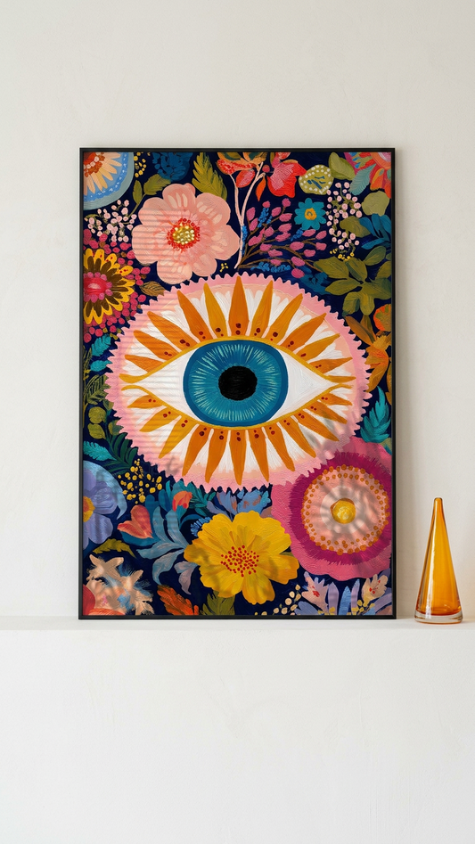 Electric Blue & Marigold Floral Eye Painting | Folk Style | Meditation Space Decor | Digital Download