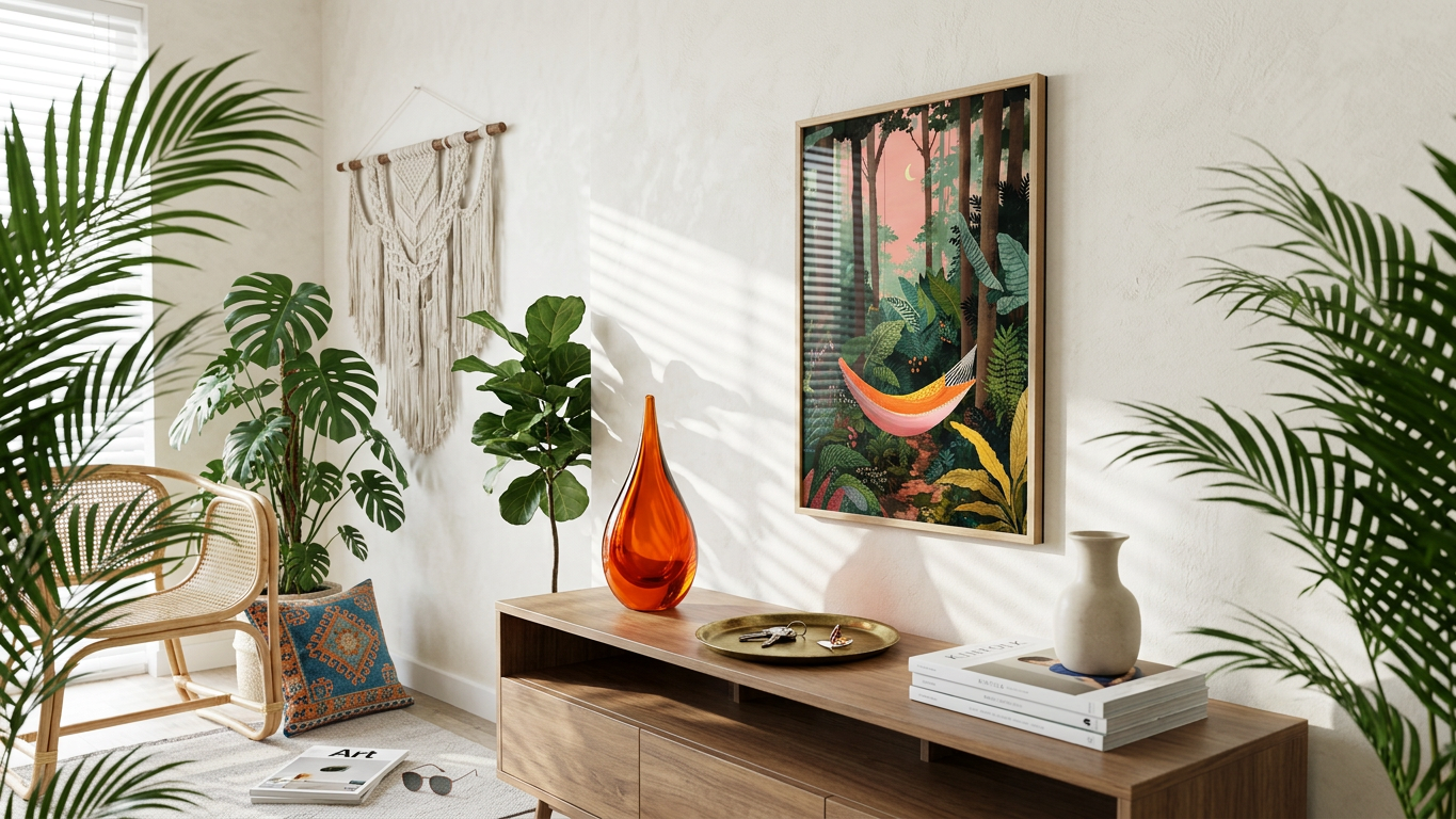 Ethereal & Lush Hammock in Jungle Art | Emerald & Coral Tones | A tranquil forest getaway | Gift for Nature Lovers | Digital Download