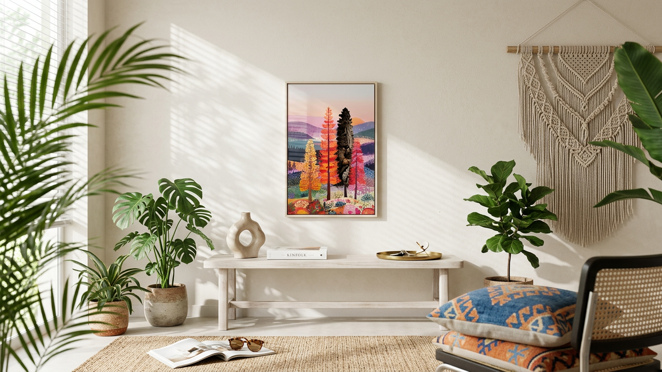 Amber & Emerald Enchanted Forest Trees Painting | Folk Style | Living Room Decor | Digital Download