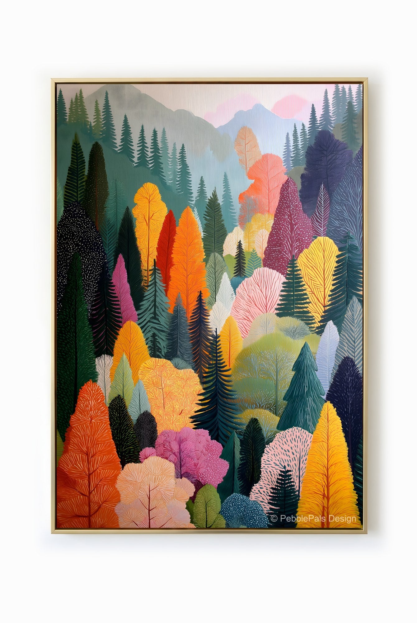 A vibrant and colorful naive art painting of a forest canopy with trees in shades of green, orange, pink, and yellow.