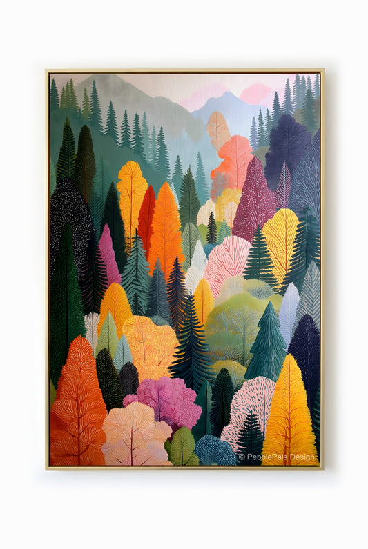 A vibrant and colorful naive art painting of a forest canopy with trees in shades of green, orange, pink, and yellow.