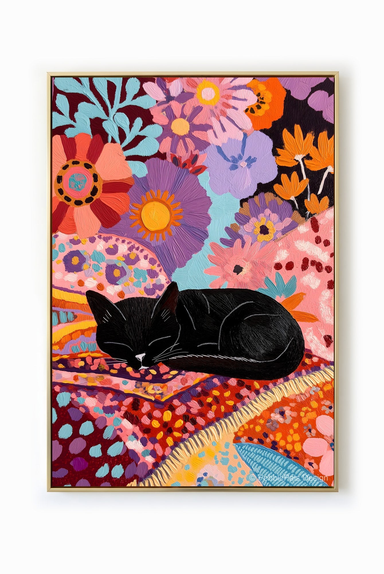A folk art painting of a sleeping black cat curled up on a colorful floral tapestry.