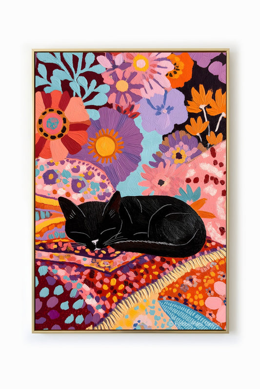 A folk art painting of a sleeping black cat curled up on a colorful floral tapestry.