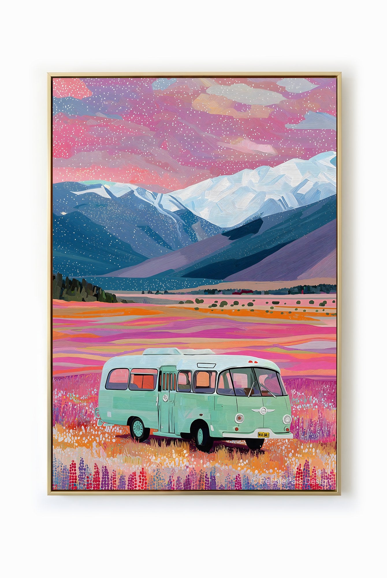 Impressionistic painting of a vintage bus parked in a field of flowers with mountains and a starlit sky in the background.
