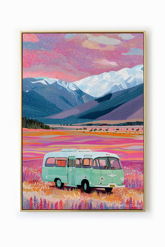 Impressionistic painting of a vintage bus parked in a field of flowers with mountains and a starlit sky in the background.